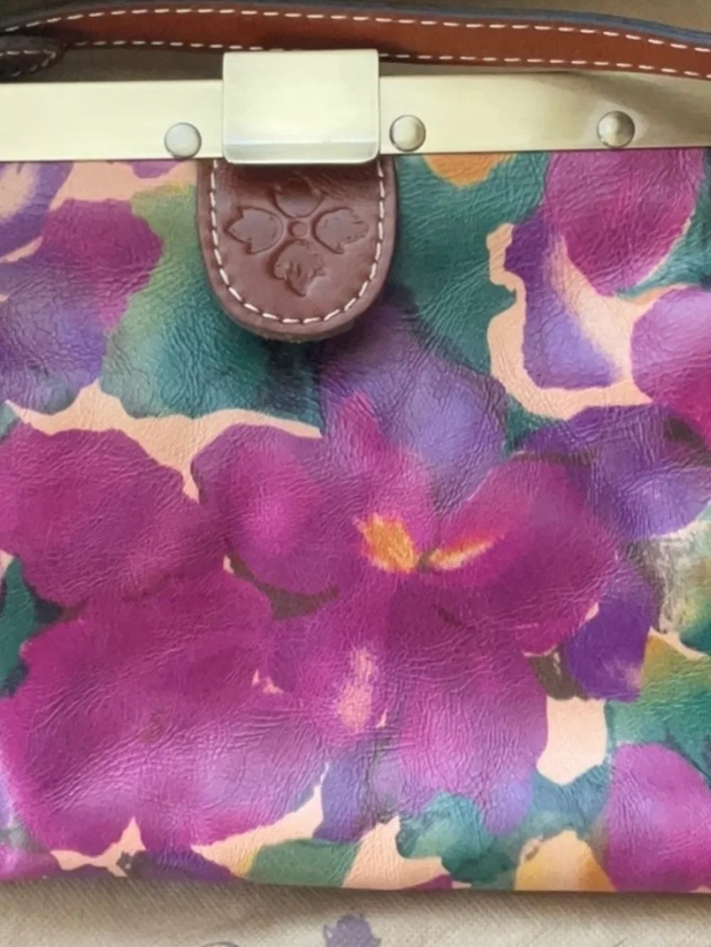 PATRICIA NASH FERRARA FRAME SATCHEL BLOOM ROMANCE PRINT ON ITALIAN LEATHER